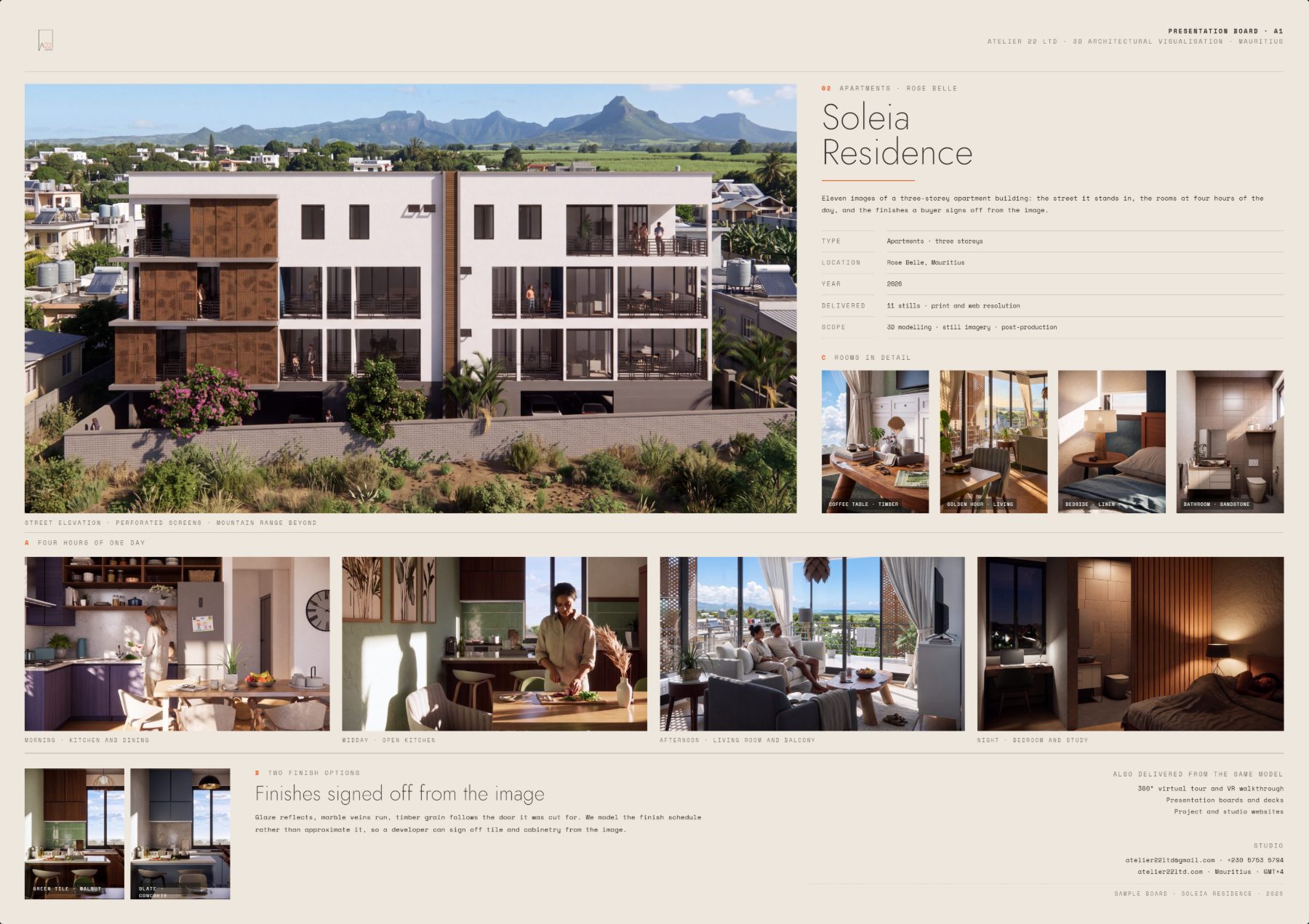 Soleia Residence A1 presentation board: street elevation, four hours of one day, and two finish options.